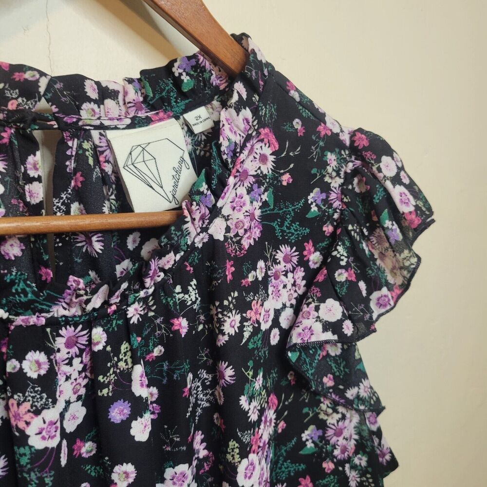 Janet Chung Peplum Floral Chiffon Top Black Purple Pink Flowers Ruffle Sleeve 2X - Picture 2 of 13